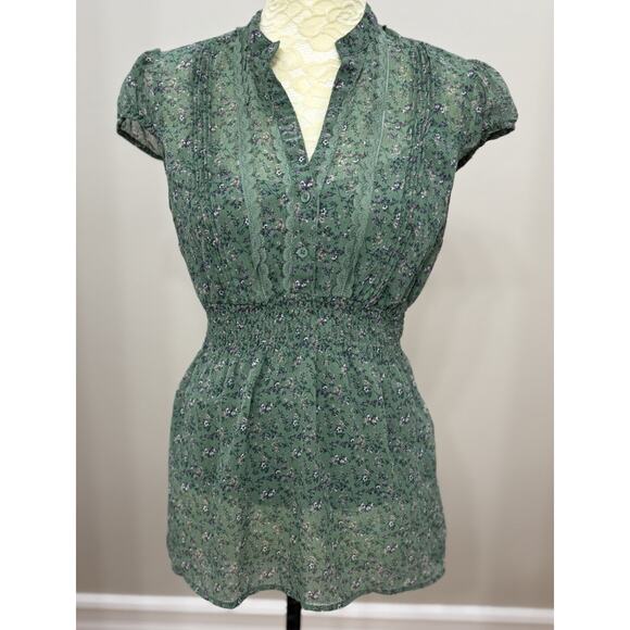 Candie's Y2K Babydoll Top Women L Coquette Green Floral Sheer Fairy‎ Cottagecore - Picture 1 of 16
